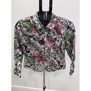 Coldwater Creek 100% Cotton Floral Bright Cooling Art to Wear Zip Up Jacket PS